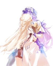  2girls absurdres bag black_dress blonde_hair bread cantarella_(wuthering_waves) cartethyia_(wuthering_waves) chinese_commentary coloki commentary_request dress flower food grocery_bag hair_flower hair_ornament headdress highres holding holding_bag long_hair multiple_girls pointy_ears purple_flower purple_hair shopping_bag white_dress wuthering_waves 