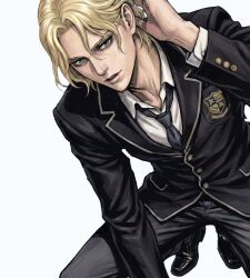  1boy alternate_costume black_jacket black_necktie black_pants black_shoes blonde_hair blue_eyes collared_shirt dress_shoes edgar_roni_figaro final_fantasy final_fantasy_vi gold_buttons hair_between_eyes hand_in_own_hair jacket locke_otaku looking_at_viewer male_focus necktie pants parted_bangs parted_lips school_uniform shirt shoes short_hair solo squatting suit_jacket wavy_hair white_background white_shirt 