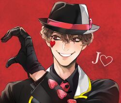 1boy ano_(sbee) black_gloves brown_hair closed_mouth disneyland formal_clothes gloves hat heart jack_heart long_sleeves looking_at_viewer makeup male_focus multiple_boys necktie red_eyes red_necktie simple_background smile 