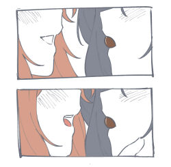  2girls black_hair blush brown_hair chocolate commentary hand_on_another's_face highres miyagi_shiori mouth_hold multiple_girls oki_jerry_dori open_mouth profile sendai_hazuki shuuniichido_classmate_wo_kau_hanashi simple_background smile untranslatable_commentary white_background yuri 