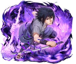  1boy aura black_hair black_pants grey_jacket holding holding_sword holding_weapon jacket katana mangekyou_sharingan naruto_(series) naruto_shippuuden:_ultimate_ninja_blazing official_art pants red_eyes reverse_grip sandals sharingan short_hair short_sleeves solo susanoo_(naruto) sword uchiha_sasuke weapon 