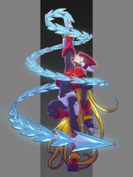  1boy arm_up armor black_eyes blonde_hair chain forehead_jewel full_body g_nm_k helmet highres holding holding_chain holding_weapon long_hair male_focus mega_man_(series) mega_man_zero_(series) mega_man_zero_2 red_armor red_helmet solo standing standing_on_one_leg weapon zero(z)_(mega_man) zero_(mega_man) 