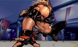  1boy abs alex_(street_fighter) bandana beanie biceps black_gloves black_jacket black_pants black_vest blonde_hair closed_mouth commentary_request cromwaits cropped_vest elbow_pads facepaint facial_hair facial_mark fighting_stance fingerless_gloves full_body gloves hat headband helmet highres jacket jumping leather long_hair looking_at_viewer looking_back male_focus muscular muscular_male official_art open_clothes open_jacket open_vest pants sleeveless sleeveless_jacket solo street_fighter street_fighter_6 suspension vest 