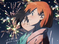  1boy 1girl aerial_fireworks aihara-rina ash_ketchum black_hair blue_eyes blue_kimono blurry blurry_background blush closed_mouth commentary_request dated fireworks from_side highres japanese_clothes kimono looking_at_another misty_(pokemon) night orange_hair outdoors parted_lips pink_kimono pokemon pokemon_(anime) pokemon_(classic_anime) profile short_hair signature tears upper_body 