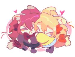  >_< 2girls :< ahchive_be ahoge animal_ears black_socks blue_skirt blush blush_stickers bow bowtie brown_hair cardigan cat_ears cat_girl cat_tail chibi chibi_only closed_eyes double-parted_bangs evil_neuro-sama hair_between_eyes hair_ornament hair_ribbon hashtag-only_commentary heads_together heart heart_hair_ornament highres hug jaggy_lines long_hair long_sleeves miniskirt multiple_girls neuro-sama outline pleated_skirt red_bow red_bowtie red_ribbon ribbon siblings sisters skirt socks standing standing_on_one_leg tail tail_bow tail_ornament twins two_side_up vedal_ai white_background white_outline yellow_cardigan 