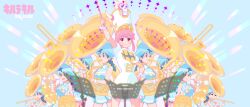  1girl 6+girls absurdres aqua_background aqua_eyes artist_name band_uniform blue_hair braid breasts cheek_bulge commentary_request conductor_baton copyright_name drum drumsticks flute hand_on_own_hip hat highres holding holding_drumsticks holding_flute holding_instrument instrument jakuzure_nonon kill_la_kill medium_breasts mixed-language_commentary mob_face multiple_girls music music_stand omotxy pink_eyes pink_hair playing_instrument school_uniform sidelocks simple_background skirt skull smile sparkle top_hat translated trombone tuba twin_braids 