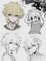  1boy antenna_hair arms_up basil_(faraway)_(omori) basil_(omori) blonde_hair blue_eyes closed_mouth collared_shirt commentary_request double-parted_bangs flower flying_sweatdrops green_sweater_vest grey_background hair_between_eyes hair_flower hair_ornament hands_on_own_head highres looking_at_viewer male_focus omori open_mouth partially_colored raddy_358 shirt short_hair sidelocks simple_background smile solo something_(omori) sweater_vest sweta white_shirt 