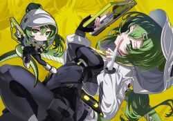  1girl arknights arknights:_endfield black_bodysuit bodysuit breakdiamond chibi chibi_inset commentary_request fingerless_gloves fluorite_(arknights) gloves green_eyes green_hair green_tail grey_hood gun hair_through_hood highres holding holding_gun holding_weapon hood hooded_shrug impossible_bodysuit impossible_clothes lizard_tail looking_at_viewer reptile_girl shoes shrug_(clothing) smile tail weapon white_gloves white_shoes yellow_background zoom_layer 