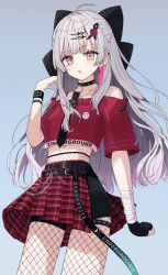  1girl :o ahoge belly_chain belt belt_buckle bike_shorts bike_shorts_under_skirt black_belt black_bow black_collar black_gloves black_necktie black_ribbon blue_background bow buckle clothes_writing collar commentary crop_top cropped_shirt earrings english_text fingerless_gloves fishnet_pantyhose fishnets flower gloves grey_eyes grey_hair hair_bow hair_ribbon half-skirt hand_up highres ishigami_nozomi jewelry light_blush long_hair looking_at_viewer miniskirt multicolored_hair necktie nijisanji off-shoulder_shirt off_shoulder open_mouth pantyhose pleated_skirt polka_dot polka_dot_bow red_shirt red_skirt ribbon rock_6lira shirt short_sleeves simple_background single_glove skirt solo spiked_ear_piercing streaked_hair virtual_youtuber wispy_bangs 