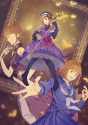  2girls absurdres amunce arm_tattoo black_bow black_gloves black_shoes black_socks blue_sailor_collar blue_skirt blunt_ends bob_cut bow bug butterfly capelet china_dress chinese_clothes commentary_request dress dress_bow dual_persona elbow_gloves empty_picture_frame eva_beatrice flower gloves hair_bun hand_fan highres holding holding_staff looking_at_viewer multiple_girls multiple_views orange_hair outstretched_arm outstretched_hand pants picture_frame profile purple_capelet purple_dress red_bow red_flower red_rose rose sailor_collar school_uniform shoes skirt skirt_hold socks staff tattoo umineko_no_naku_koro_ni ushiromiya_eva violet_eyes white_pants yellow_butterfly 