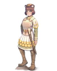  1girl absurdres animal_ears armor bear_ears bear_girl belt_around_waist boots breasts brown_boots brown_eyes brown_hair character_request clothing_request commission fluffkaiser full_body green_jacket highres jacket knee_boots original scale_armor sheath sheathed short_hair simple_background solo sword warrior weapon white_background 