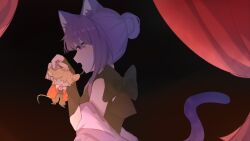  1boy 1girl alternate_costume alternate_hairstyle animal_ears back_bow blonde_hair blunt_bangs bow cat_ears cat_girl cat_tail chinese_commentary commentary_request couple curtains from_side genshin_impact hair_bun hair_up hetero highres holding holding_mini_person incoming_attack incoming_food indoors japanese_clothes kazuha's_friend_(genshin_impact) kimono looking_down mini_person mouse_boy mouse_ears mouse_tail open_mouth purple_hair purple_kimono raiden_shogun shade shaded_face sleeveless stage_curtains tail tianmuxizi upper_body violet_eyes 