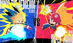  2boys animal_nose battle blue_fur facial_hair fighting_stance furry furry_male hat hedgehog_boy highres male_focus mario multiple_boys mustache red_hat red_shoes shoes sonic_(series) sonic_the_hedgehog super_mario_bros. trizziefrizzie vs 