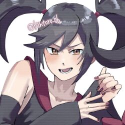  1girl :d bintoro_06 black_hair blush brown_eyes commentary_request detached_sleeves furisode_girl_(pokemon) furisode_girl_kali long_sleeves looking_at_viewer lower_teeth_only open_mouth pokemon pokemon_xy red_nails sleeves_past_wrists smile solo teeth twintails twitter_username white_background 