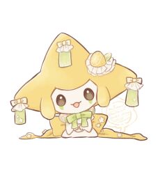  bow brown_eyes commentary food-themed_hair_ornament frills hair_ornament highres jirachi lemon_hair_ornament mkt_(buizu-miki) no_humans open_mouth pokemon pokemon_(creature) pokemon_focus ribbon sitting smile untranslatable_commentary white_background 