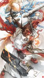  2boys absurdres artist_logo blonde_hair blue_eyes blue_gloves brown_hair closed_mouth electricity english_commentary fingerless_gloves fire flaming_sword flaming_weapon floating_hair gloves guilty_gear guilty_gear_strive guilty_gear_xx headband highres holding holding_sword holding_weapon huge_weapon ky_kiske lambsplash logo long_hair looking_at_viewer male_focus multiple_boys order-sol parted_lips ponytail red_headband sol_badguy squatting sword thunderseal weapon yellow_eyes 