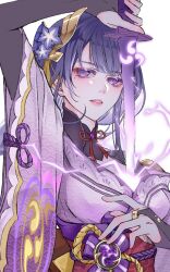  1girl absurdres arm_up baizhibushidabaichi blue_pupils blunt_bangs braid bridal_gauntlets chinese_commentary commentary_request drawing_sword electricity electro_symbol_(genshin_impact) genshin_impact glowing glowing_sword glowing_weapon highres holding holding_sword holding_weapon human_scabbard japanese_clothes katana kimono long_braid looking_at_viewer mitsudomoe_(shape) mole mole_under_eye multicolored_eyes musou_isshin_(genshin_impact) neck_ribbon parted_lips pink_lips purple_hair purple_kimono raiden_shogun red_ribbon red_sash ribbon sash simple_background solo sword sword_between_breasts tomoe_(symbol) upper_body violet_eyes weapon white_background wide_sleeves 