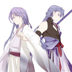  2boys arm_up artist_name black_bodysuit blunt_bangs bodysuit bridal_gauntlets brothers chinese_commentary closed_mouth clothing_cutout covered_pectorals diamond_cutout engulfing_lightning_(genshin_impact) expressionless from_side genderswap genderswap_(ftm) genshin_impact hair_between_eyes hair_intakes highres holding holding_polearm holding_weapon japanese_clothes kimono light_smile ljayu long_hair looking_down looking_to_the_side makoto_(genshin_impact) mole mole_under_eye multiple_boys muscular muscular_male off_shoulder pectoral_cleavage pectorals polearm purple_hair raiden_shogun siblings simple_background single_bare_shoulder sleeveless standing twins upper_body violet_eyes weapon white_background wide_sleeves 