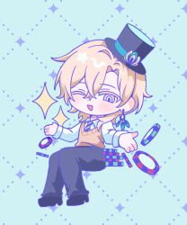  1boy :d alternate_costume aventurine_(honkai:_star_rail) black_hat black_necktie black_pants black_shoes blonde_hair blue_eyes chibi chibi_only dd_bsd diagonal-striped_clothes diagonal-striped_necktie dot_nose full_body hat highres honkai:_star_rail honkai_(series) light_blush long_sleeves male_focus mini_hat mini_top_hat multicolored_eyes necktie one_eye_closed open_mouth outstretched_arms pants pastel_colors poker_chip school_uniform shirt shoes short_hair sitting smile solo sparkle striped_clothes top_hat two-tone_eyes vest violet_eyes white_shirt yellow_vest 