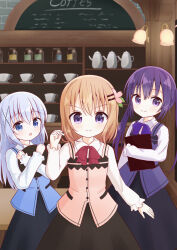 3girls cafe commentary_request cup gochuumon_wa_usagi_desu_ka? highres holding holding_menu hoto_cocoa jar kafuu_chino long_hair looking_at_viewer medium_hair menu multiple_girls orange_hair purple_hair shelf symbol-shaped_pupils teacup teapot tedeza_rize toriki_fukuro waitress 