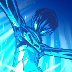  1boy absurdres aqua_eyes blue_hair blue_shirt blue_theme commentary glowing glowing_eyes hair_between_eyes highres hologram inumuta_houka kill_la_kill korean_commentary little_mojoi looking_at_viewer medium_hair no_pupils school_uniform shirt solo 