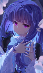  1girl :/ absurdres black_dress blue_bow blue_hair blunt_bangs blurry bow chess_piece depth_of_field dress dress_bow frederica_bernkastel frilled_sleeves frills highres hime_cut interlocked_fingers layered_dress leenarie looking_at_viewer pawn_(chess) puffy_sleeves sidelocks signature sparkle umineko_no_naku_koro_ni violet_eyes 