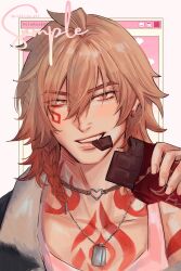  1boy blonde_hair breasts candy chest_tattoo chocolate chocolate_bar commentary earrings facial_tattoo food food_in_mouth highres holding holding_chocolate holding_food honkai:_star_rail honkai_(series) jewelry looking_at_viewer male_focus medium_breasts mydei_(honkai:_star_rail) nokkusuart red_tattoo sample_watermark smile solo tattoo twitter_username upper_body watermark yellow_eyes 