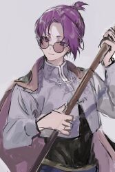  1boy black_shirt blue_lock cloak collared_shirt commentary_request glasses hands_up high_collar high_ponytail highres holding holding_staff long_sleeves looking_at_viewer male_focus mikage_reo pants patterned_clothing ponytail purple_hair round_eyewear shirt short_hair short_ponytail smile solo solo_focus staff violet_eyes white_background ysokzo 