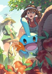  2girls alternate_color animal_on_head ariekochan bandana basket berry_(pokemon) bird bird_on_head black_shorts blue_eyes blue_overalls breasts brown_eyes brown_hair bulbasaur closed_mouth colored_sclera drinking_straw fangs fanny_pack gloves green_gloves green_shirt hat highres holding holding_basket leaf_(pokemon) leppa_berry long_hair may_(pokemon) meowth mudkip multiple_girls on_head open_mouth outdoors overalls pokemon pokemon_(creature) pokemon_frlg pokemon_on_head pokemon_rse ralts red_eyes red_sclera red_shirt reflection seviper shiny_pokemon shirt short_hair shorts sitrus_berry sky smile snake swablu teeth tree white_bandana zangoose 