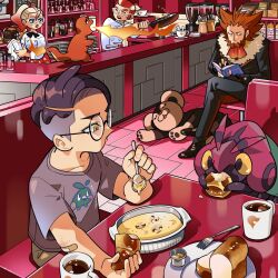  aged_down bread cafe charmander coffee coffee_mug corbeau_(pokemon) croissant cup eating food frying_pan griselle_(pokemon) grisham_(pokemon) holding holding_frying_pan litleo lysandre_(pokemon) lysandre_cafe mug pokemon pokemon_(creature) pokemon_legends:_z-a reading shayla_hall third-party_source trubbish venipede 