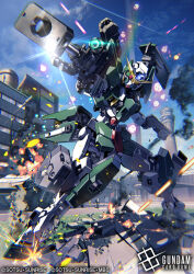 1other blue_sky building character_request clouds commentary_request copyright_name day full_body gun gundam_card_game hayakawa_harui holding holding_gun holding_weapon mecha official_art outdoors robot sky smoke solo standing tower weapon weapon_request 