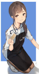 1girl absurdres apron black_apron black_pantyhose blue_background blush brown_eyes center-flap_bangs commentary double-parted_bangs full_body grayfox highres holding holding_id_card id_card kneeling lanyard looking_at_viewer loose_hair_strand original pantyhose ponytail shirt shoes simple_background smile sneakers solo white_shirt white_shoes 