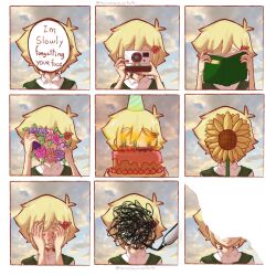  1boy absurdres antenna_hair basil_(faraway)_(omori) basil_(omori) birthday_cake blonde_hair book cake camera candle closed_eyes closed_mouth collared_shirt commentary crying double-parted_bangs english_commentary english_text flower flower_wreath food green_sweater_vest hair_between_eyes hair_flower hair_ornament hat highres holding holding_book holding_camera holding_head_wreath male_focus marker omori parted_lips party_hat shirt short_hair sidelocks smile solo sunflower sweater_vest white_shirt woomy43 