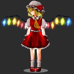  1girl ascot blonde_hair collared_shirt commentary_request crystal crystal_wings flandre_scarlet full_body grey_background hajimakura hat hat_ribbon looking_at_viewer mary_janes mob_cap multicolored_wings puffy_short_sleeves puffy_sleeves red_eyes red_shoes red_skirt red_vest ribbon shirt shoes short_sleeves simple_background skirt skirt_set socks solo touhou vest white_hat white_shirt white_socks wings yellow_ascot 
