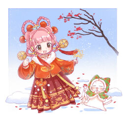  1girl =_= alternate_costume animal artist_request bird blunt_bangs border braid braided_hair_rings brown_eyes cat chicken chinese_clothes clothed_animal collared_shirt commentary day dead_animal deformed dot_nose english_commentary fireworks flower full_body fur-trimmed_jacket fur-trimmed_sleeves fur_trim green_jacket hair_ornament hair_rings happy high_collar holding holding_animal holding_fireworks jacket light_blush little_fortune_god_(shining_nikki) long_hair long_sleeves looking_at_animal momo_(nikki) nikki_(nikki) nikki_(series) official_art open_mouth outdoors outside_border paw_print paw_print_pattern pink_hair pleated_skirt plum_blossoms pom_pom_(clothes) pom_pom_hair_ornament print_jacket puffy_long_sleeves puffy_sleeves red_flower red_jacket red_shoes red_skirt shining_nikki shirt shoes short_hair skirt sleeves_past_fingers sleeves_past_wrists smile snow sparkler standing tareme teeth upper_teeth_only v-shaped_eyebrows white_border white_cat white_shirt winter 