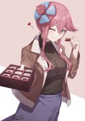  1girl absurdres black_shirt blue_eyes blue_skirt box box_of_chocolates breasts brown_jacket candy chocolate commentary commission earrings eating food hair_bun hair_ornament heart heart-shaped_chocolate heart-shaped_food highres holding holding_chocolate holding_food hoop_earrings incoming_food jacket jewelry large_breasts one_eye_closed pixiv_commission pokemon pokemon_bw red_hair shirt simple_background skirt skyla_(pokemon) solo spoken_heart sundajin_asagi turtleneck valentine 