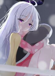  1girl ahoge black_halo blue_archive commentary_request halo highres hina_(blue_archive) hina_(pajamas)_(blue_archive) hugging_object indoors jacket long_hair looking_at_viewer mashiro281 pajamas pillow pillow_hug pink_pajamas polka_dot polka_dot_pajamas sitting solo very_long_hair violet_eyes white_hair yellow_jacket 
