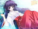  highres japanese_clothes long_hair mikeou miko pink_chuchu purple_eyes purple_hair smile_summer_again water 