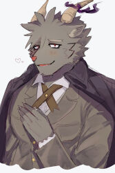  1boy brown_ribbon coat coat_on_shoulders commentary_request cropped_torso furry furry_male goat_boy grey_jacket hand_on_own_chest highres jacket male_focus mephistopheles_(housamo) red_eyes ribbon simple_background solo tokyo_afterschool_summoners upper_body white_background yano_(zri_088) 