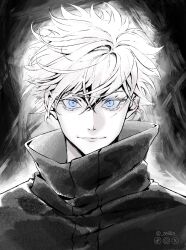  1boy black_background blue_eyes closed_mouth commentary english_commentary eyelashes floating_hair gojou_satoru greyscale hair_between_eyes highres jacket jujutsu_kaisen looking_at_viewer male_focus monochrome parted_bangs portrait short_hair smile solo spot_color straight-on zeiika 