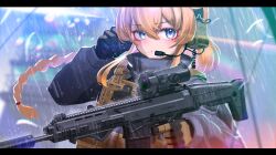  1girl absurdres ammunition_pouch blonde_hair blue_eyes braid bulletproof_vest cz_805_bren ear_protection headphones headset highres holding holding_weapon indie_virtual_youtuber iwasawayuki letterboxed looking_at_viewer microphone optical_sight pouch rain single_braid smile solo suppressor tactical_clothes trigger_discipline virtual_youtuber weapon whiskey_project 