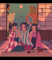  3boys 3girls agatsuma_zenitsu alternate_costume applying_another's_makeup applying_lipstick applying_makeup black_hair black_hakama boar_mask bug butterfly butterfly_hair_ornament closed_mouth colored_tips flat_chest full_body full_moon gankake_(misary) hair_ornament hakama hand_on_another's_cheek hand_on_another's_face hashibira_inosuke highres holding holding_brush indoors japanese_clothes kamado_tanjirou kimetsu_no_yaiba kimono kochou_kanae kochou_shinobu lipstick long_hair long_sleeves looking_at_another makeup makeup_brush moon multicolored_hair multiple_boys multiple_girls night on_floor open_mouth own_hands_together parted_bangs pink_kimono pink_streaks purple_streaks red_lips short_hair siblings side_ponytail silhouette sisters sitting topless_male tsuyuri_kanao two-tone_kimono violet_eyes white_kimono 
