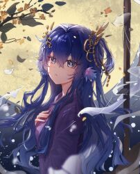  1girl absurdres arknights astesia_(arknights) blue_eyes blue_hair blurry branch bright_pupils chinese_commentary commentary falling_petals hair_between_eyes hair_intakes hair_ornament hand_on_own_chest highres leaf light_blush light_particles long_hair looking_at_viewer parted_lips petals purple_shirt rnkk shirt solo upper_body white_pupils wind 