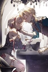  1boy 1girl :d aventurine_(final_victor)_(honkai:_star_rail) aventurine_(honkai:_star_rail) bare_shoulders blonde_hair blurry blurry_background closed_eyes closed_mouth english_commentary hashtag-only_commentary hetero highres honkai:_star_rail honkai_(series) linx2! multicolored_hair open_mouth red_hair smile streaked_hair topaz_(honkai:_star_rail) u_u white_hair 