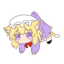  1girl :< animal_ear_fluff animal_ears black_shoes blonde_hair blush_stickers bow bowtie cat_ears cat_tail chibi closed_mouth commentary dress frilled_dress frills hat highres holding holding_mini_person jitome kemonomimi_mode kokoda402989934 lifting_person long_sleeves maribel_hearn medium_hair mini_person minigirl mob_cap purple_dress red_bow red_bowtie shoes simple_background sleeve_cuffs socks solo tail touhou violet_eyes white_background white_hat white_socks 