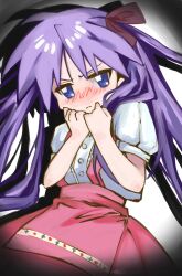  1girl blush bow buttons clenched_hands hair_bow highres hiiragi_kagami light_frown lucky_star pink_skirt puffy_short_sleeves puffy_sleeves purple_bow ryokutya_138 shadow shirt short_sleeves simple_background skirt suspender_skirt suspenders tsurime twintails waitress white_background white_shirt 