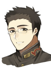  1boy black_eyes black_hair commentary_request cropped_shoulders gakuran glasses looking_at_viewer male_focus mole mole_under_eye motoori_shiro parted_lips rectangular_eyewear school_uniform sideburns simple_background solo tokyo_afterschool_summoners yano_(zri_088) 