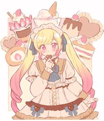  1girl blonde_hair blue_bow blue_ribbon blush bow cake chocolate-covered_food chocolate_cake colored_tips cream food fruit gradient_hair hairband heart heart-shaped_food highres himitsu_no_valentine_daisakusen!_(project_sekai) ice_cream layered_sleeves lolita_hairband long_sleeves looking_at_viewer multicolored_hair neck_ribbon pink_eyes pink_hair pink_pupils project_sekai puffy_long_sleeves puffy_short_sleeves puffy_sleeves ribbon sana5353 short_over_long_sleeves short_sleeves solo standing strawberry tenma_saki twintails valentine whipped_cream 