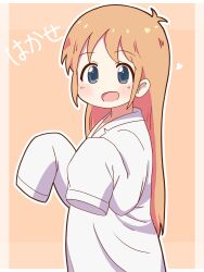  1girl :d absurdres akifure blue_eyes blush character_name commentary_request happy heart highres lab_coat long_hair long_sleeves looking_at_viewer nichijou open_mouth orange_background orange_hair professor_shinonome sidelocks smile 