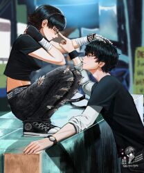  1boy 1girl absurdres adjusting_another's_eyewear alternate_costume amamiya_ren bandaged_arm bandaged_hand bandages belt black_gloves black_hair black_shirt blurry blurry_background blush bracelet braid breasts brown_hair chaosoded commentary couple crown_braid denim english_commentary from_side full_body glasses gloves gradient_hair hand_on_another's_head hetero highres jeans jewelry looking_at_another medium_breasts midriff_peek multicolored_hair niijima_makoto pants persona persona_5 profile shirt short_hair short_sleeves single_glove squatting t-shirt torn_clothes torn_pants upper_body watch watch 